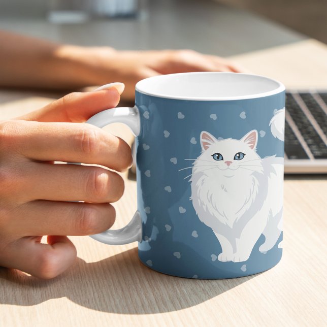 Caneca De Café Gata Branca de Cabelo Comprido Mãe Personalizada (Criador carregado)
