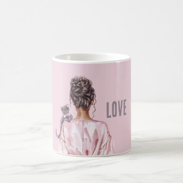 Caneca De Café Gata Cinza Laço Rosa Feminino (Centro)