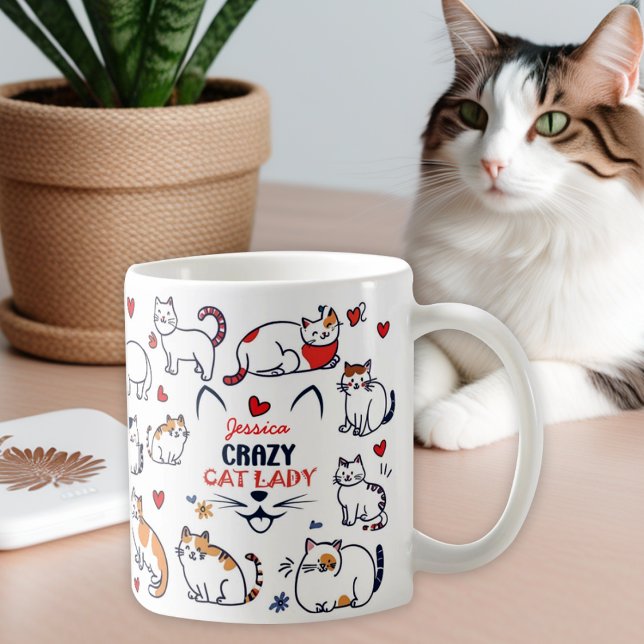 Caneca De Café Gata louca e bonita, desenhada à mão, senhora (Criador carregado)