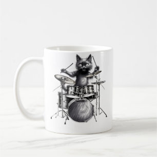Caneca De Café Gata Preta Engraçada Feminina Tocando Bateria Kitt