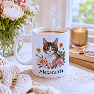 Caneca De Café Gata Tabby Doce com Flores 