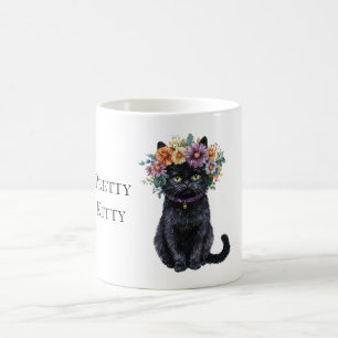 Caneca De Café Gatinha Preta Bonita com Flores