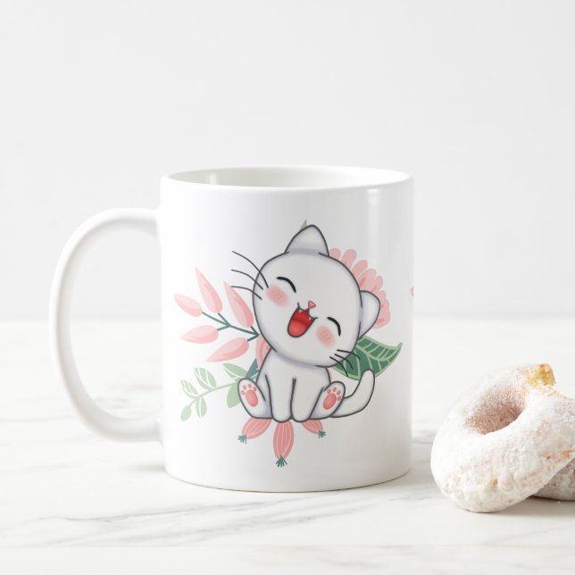 Caneca De Café Gatinho Adorável com Flores Pastel (Com Donut)