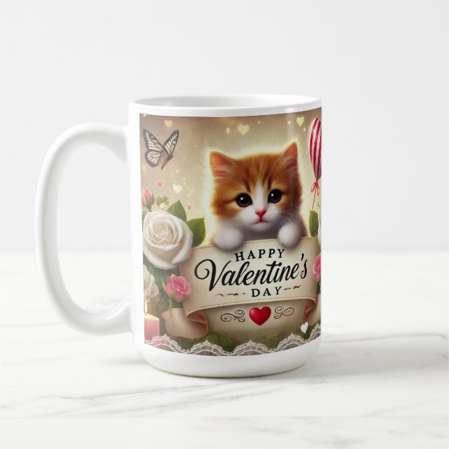 Caneca De Café Gatinho Adorável com Rosas, Velas e Corações (Esquerda)