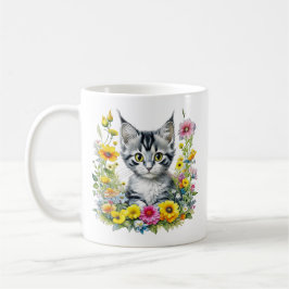Caneca De Café Gatinho Aquarela em Flores Amarelas Personalizado