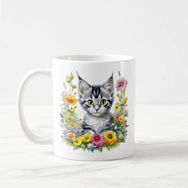 Caneca De Café Gatinho Aquarela em Flores Amarelas Personalizado (Esquerda)