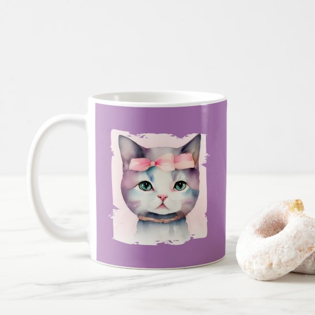 Caneca De Café Gatinho bonito com Arco cor-de-rosa (Com Donut)
