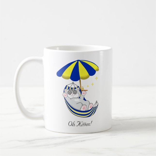 Caneca De Café Gatinho Bonito em Hammock Azul e Amarelo (Esquerda)