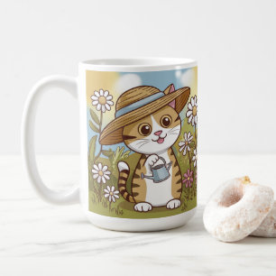 Caneca De Café Gatinho bonito em um chapéu solar com flores