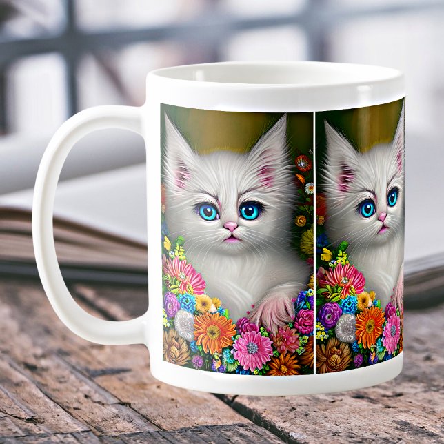 Caneca De Café Gatinho Branco Com Flores (Criador carregado)