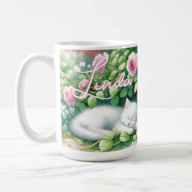 Caneca De Café Gatinho branco doce, apito sob um Rosa Bush (Esquerda)