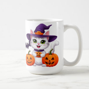 Caneca De Café Gatinho Branco Fofinho Abóbora Bruxa Chapéu de Hal