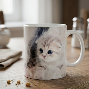 Caneca De Café Gatinho brincando com uma bola de fio rosa aquarel