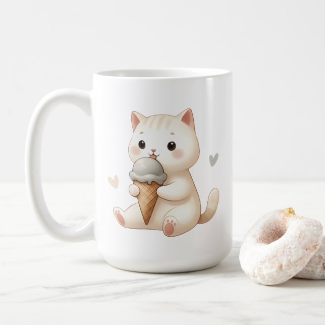 Caneca De Café Gatinho de Aquarela com Sorvete Cone (Com Donut)
