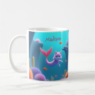 Caneca De Café Gatinho de Sereia Cor-de-rosa-branca