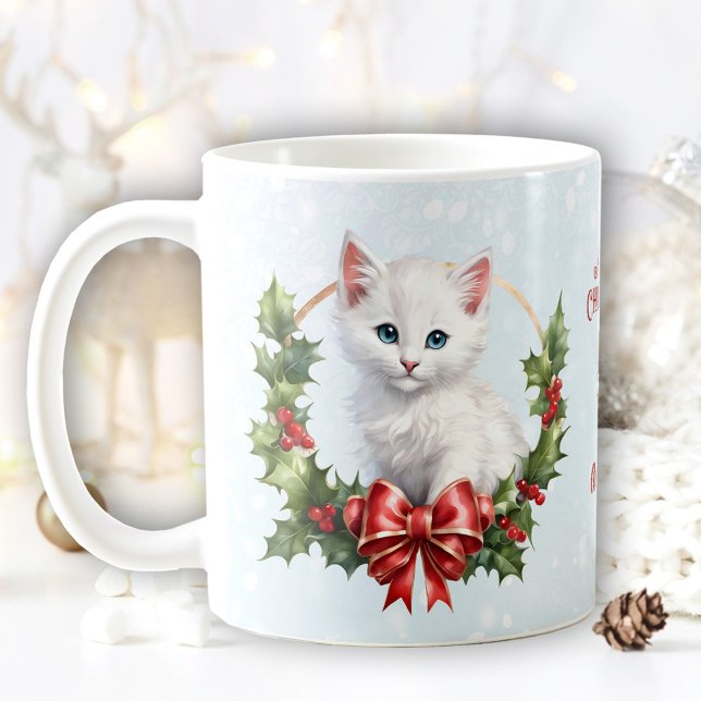 Caneca De Café Gatinho Feliz de Natal Gato Neve Azul Nome Mug (Cute Christmas Kitten Cat Snow Blue Name Mug)