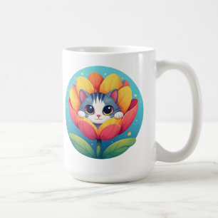 Caneca De Café Gatinho Fofo Aninhado em uma Flor em Flor
