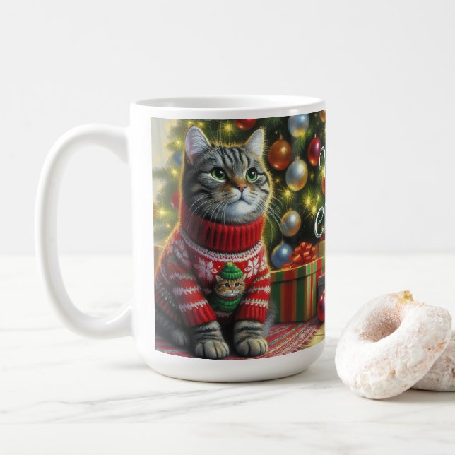 Caneca De Café Gatinho Fofo com Suéter de Natal (Com Donut)