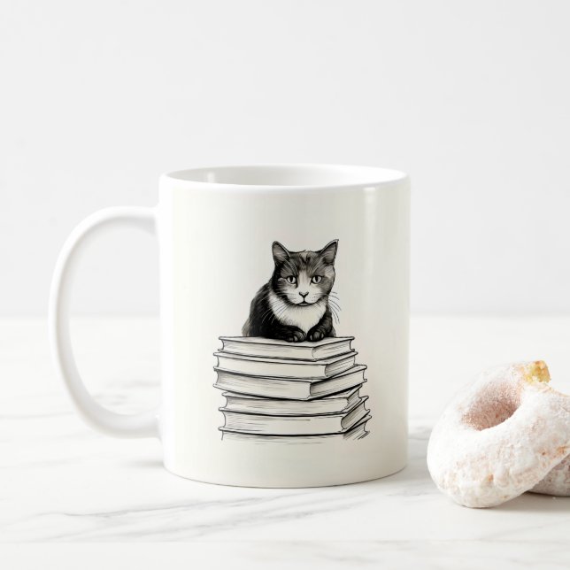 Caneca De Café Gatinho Fofo nos Livros (Com Donut)