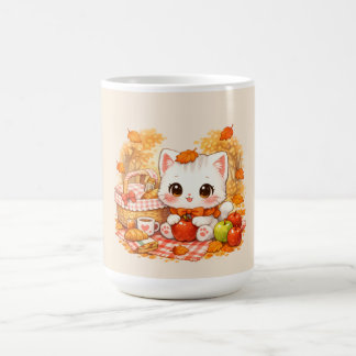 Caneca De Café Gatinho Kawaii de Picnic de Outono – Gato Fofo e A