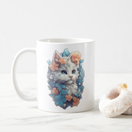 Caneca De Café Gatinho Kitty Floral Branco Fofo