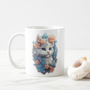 Caneca De Café Gatinho Kitty Floral Branco Fofo