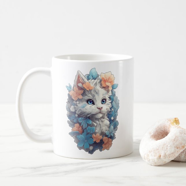Caneca De Café Gatinho Kitty Floral Branco Fofo (Com Donut)