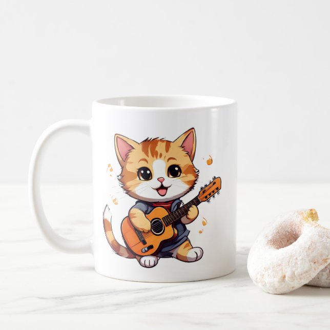 Caneca De Café gatinho legal tocando guitarra (Com Donut)