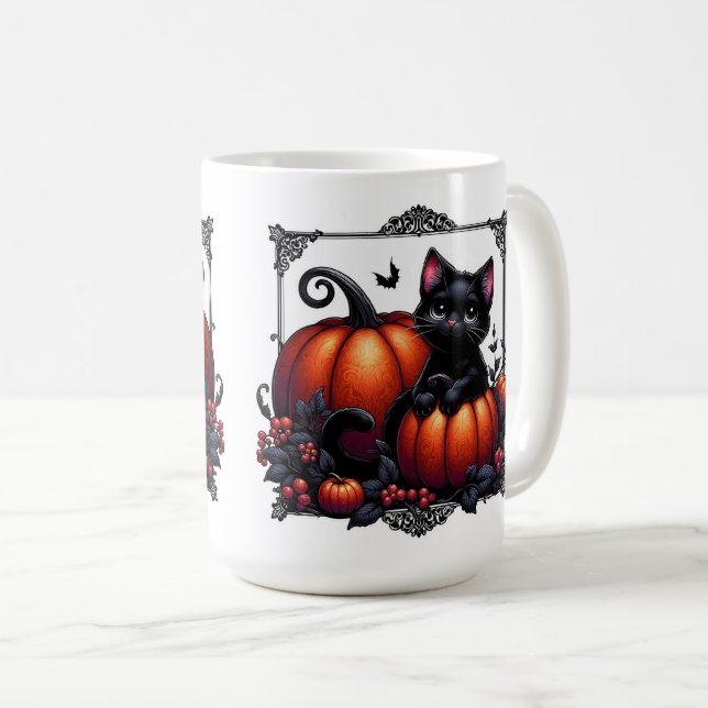 Caneca De Café Gatinho Preto Adorável Com Pumpkins (Frente Esquerda)