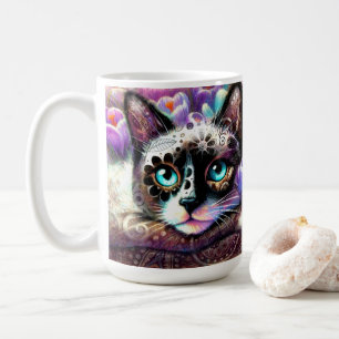 Caneca De Café Gatinho Siamês Gato Crocus Floral Purple Teal Whit