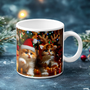 Caneca De Café Gatinhos bonitos com Papai Noel e chapéus de rena 