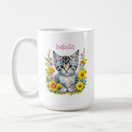 Caneca De Café Gatinhos e Flores de Cinza Personalizados