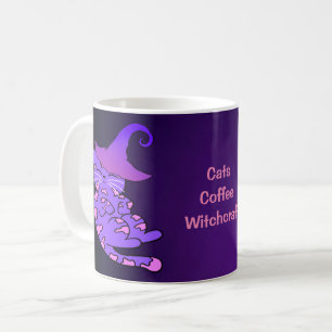 Caneca De Café Gatinhos Roxos com Chapéus e Estrelas de Bruxas