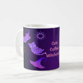 Caneca De Café Gatinhos Roxos com Chapéus e Estrelas de Bruxas