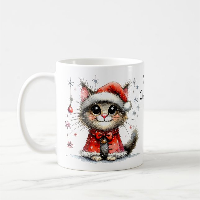 Caneca De Café Gato Adorável de Olhos Grandes num Chapéu de Natal (Esquerda)