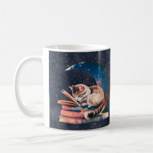 Caneca De Café Gato Adorável na Lua Lendo Um Livro