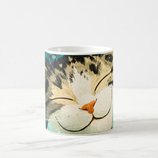 Caneca De Café Gato Adormecido com Flores de Jardim em Aquarela e (Centro)