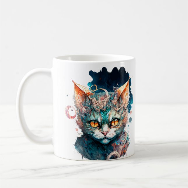 Caneca De Café Gato aquarela em estilo steampunk  (Esquerda)