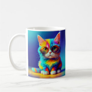Caneca De Café Gato Arco-Íris Com Óculos Retrato-47567