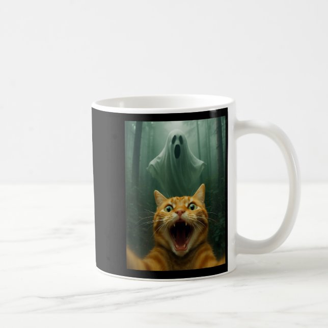 Caneca De Café Gato Assustado Selfie Com Fantasma _ Roupa Engraça (Direita)