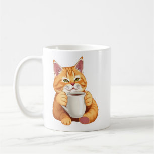 Caneca De Café Gato Atigrado Ruivo Fofo Bebendo Café Gráfico