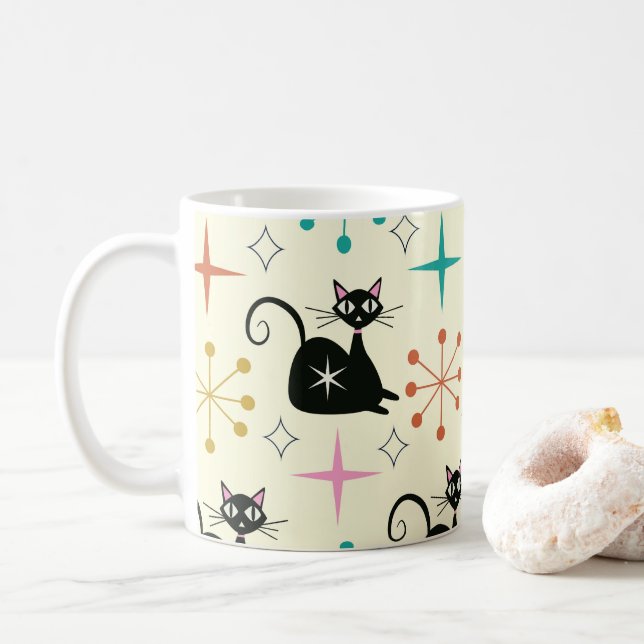 Caneca De Café Gato Atômico Preto Meados do Século com Explosões  (Com Donut)
