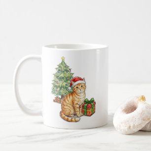 Caneca De Café Gato Atraente Laranja Listrado de Natal com Chapéu