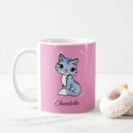 Caneca De Café Gato azul bonito com nome personalizado rosa