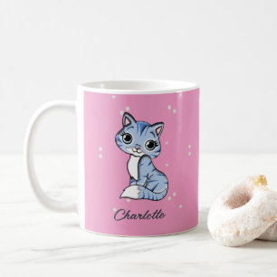 Caneca De Café Gato azul bonito com nome personalizado rosa