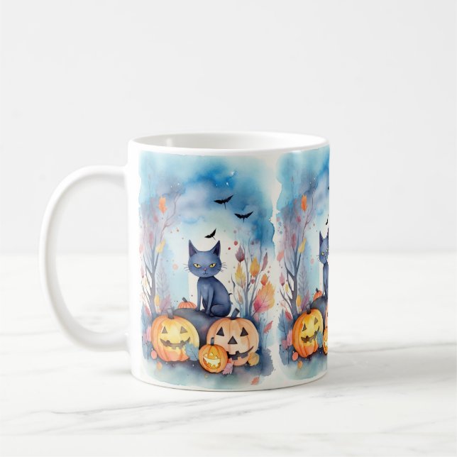 Caneca De Café Gato Azul Oriental Halloween Com Pumpkins Assustad (Esquerda)