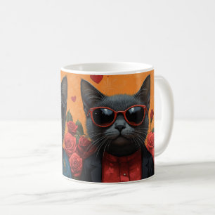 Caneca De Café Gato Azul Russo com Rosas do Coração Dia dos Namor