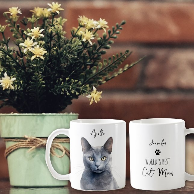 Caneca De Café Gato Azul Russo Fácil Personalizado Melhor Mãe/Pai (Criador carregado)