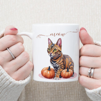 Caneca De Café Gato bengala de aquarela do Halloween com abóbora