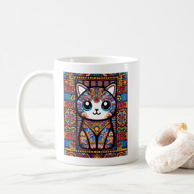 Caneca De Café Gato Bonito com Charme de Padrão Tradicional (Com Donut)